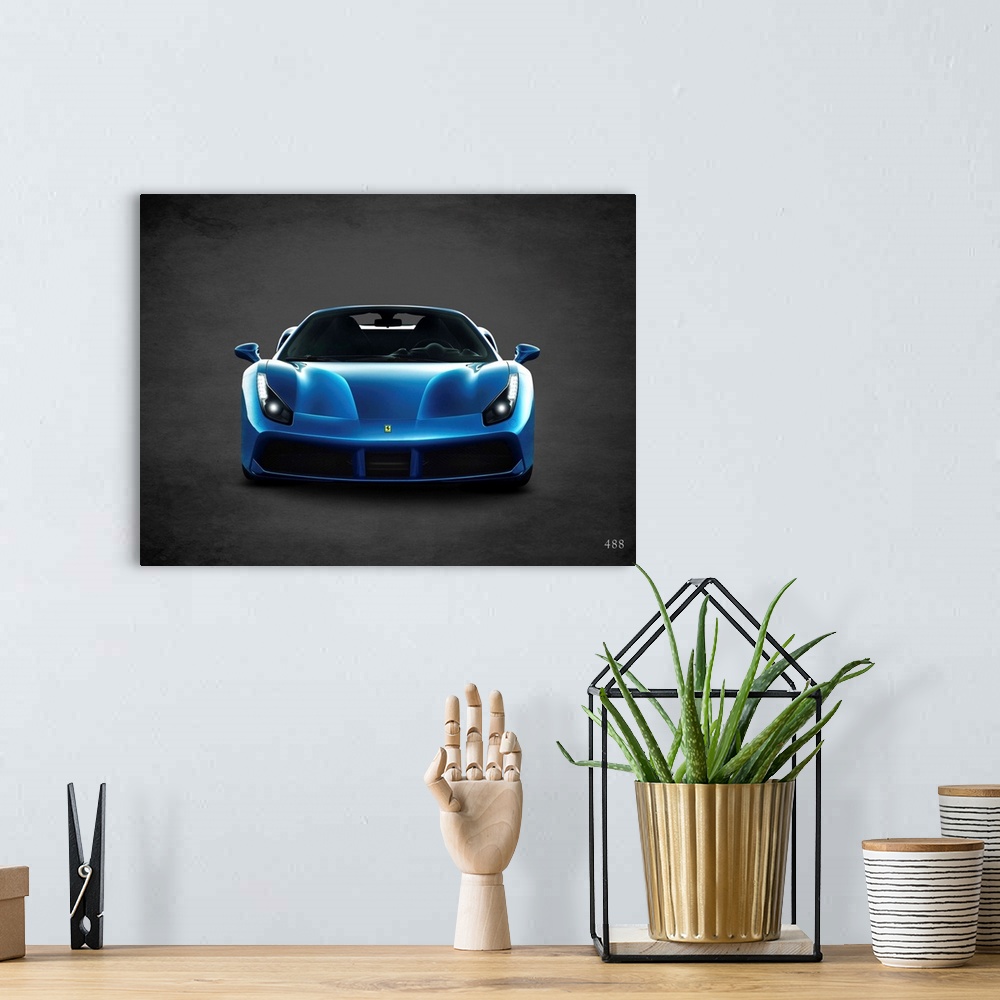 A bohemian room featuring Photograph of a blue Ferrari 488 printed on a black background with a dark vignette.