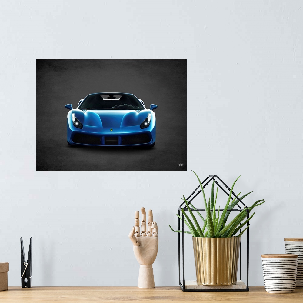 A bohemian room featuring Photograph of a blue Ferrari 488 printed on a black background with a dark vignette.