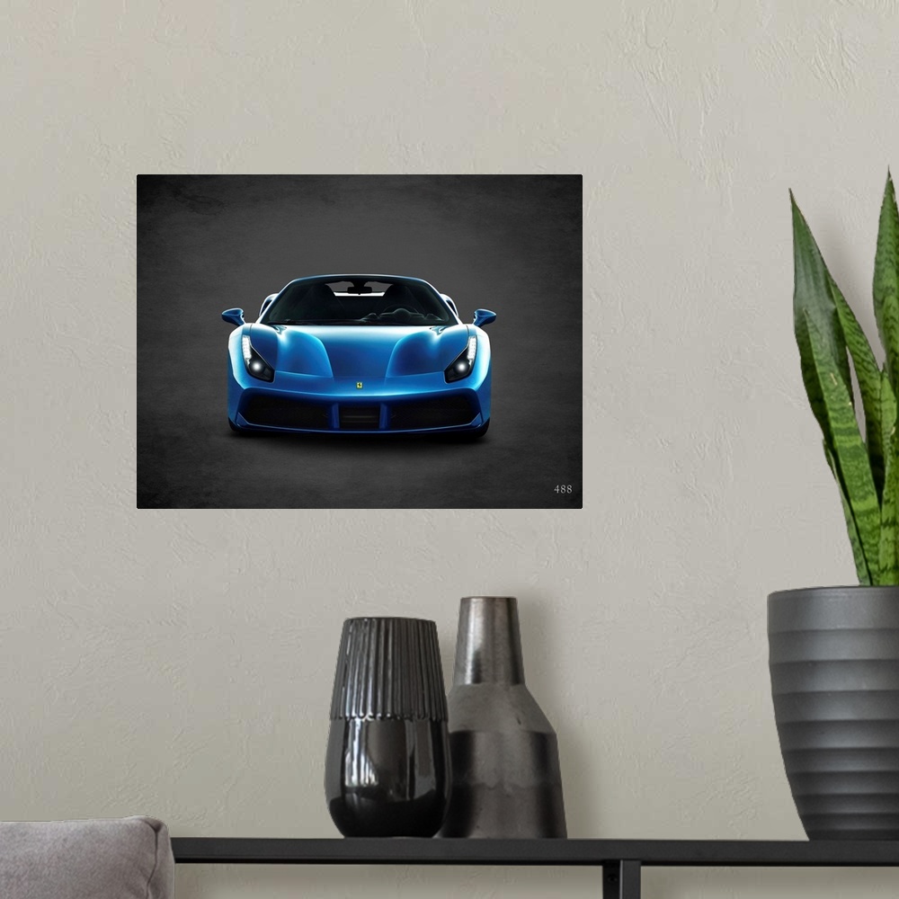 A modern room featuring Photograph of a blue Ferrari 488 printed on a black background with a dark vignette.