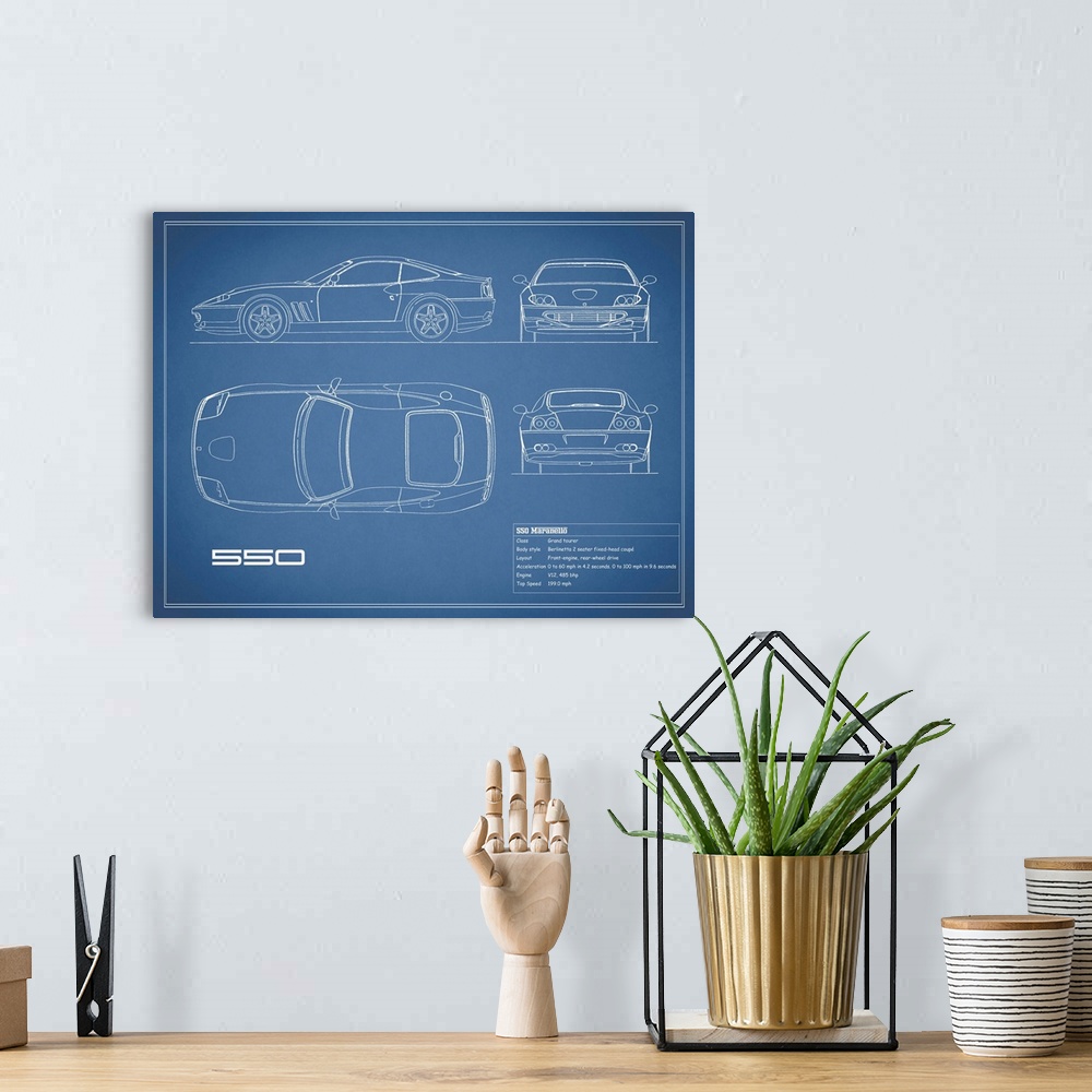 A bohemian room featuring Antique style blueprint diagram of a Ferrari 550 printed on a Blue background.