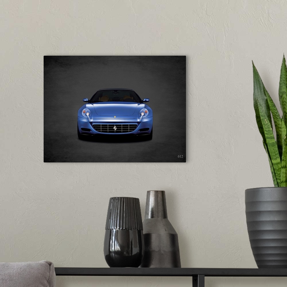 A modern room featuring Photograph of a blue Ferrari 612 printed on a black background with a dark vignette.