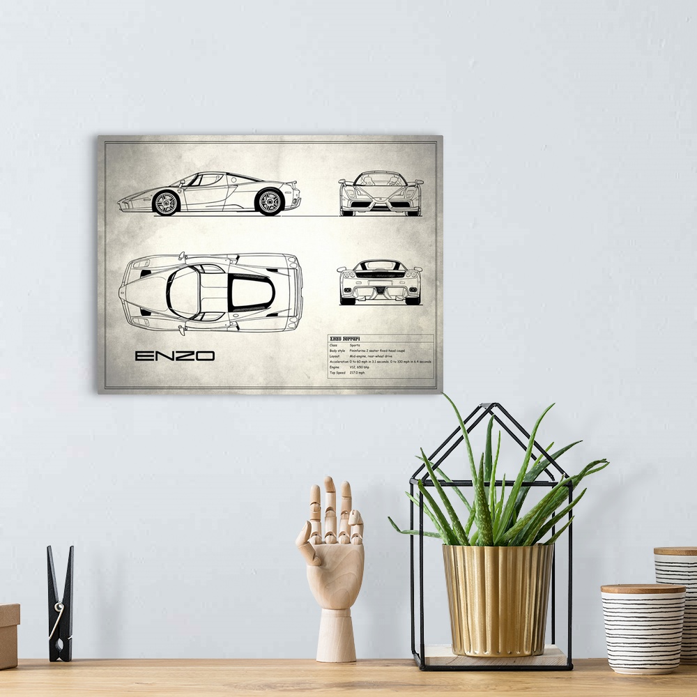 A bohemian room featuring Antique style blueprint diagram of a Ferrari Enzo printed on a weathered white and gray background.