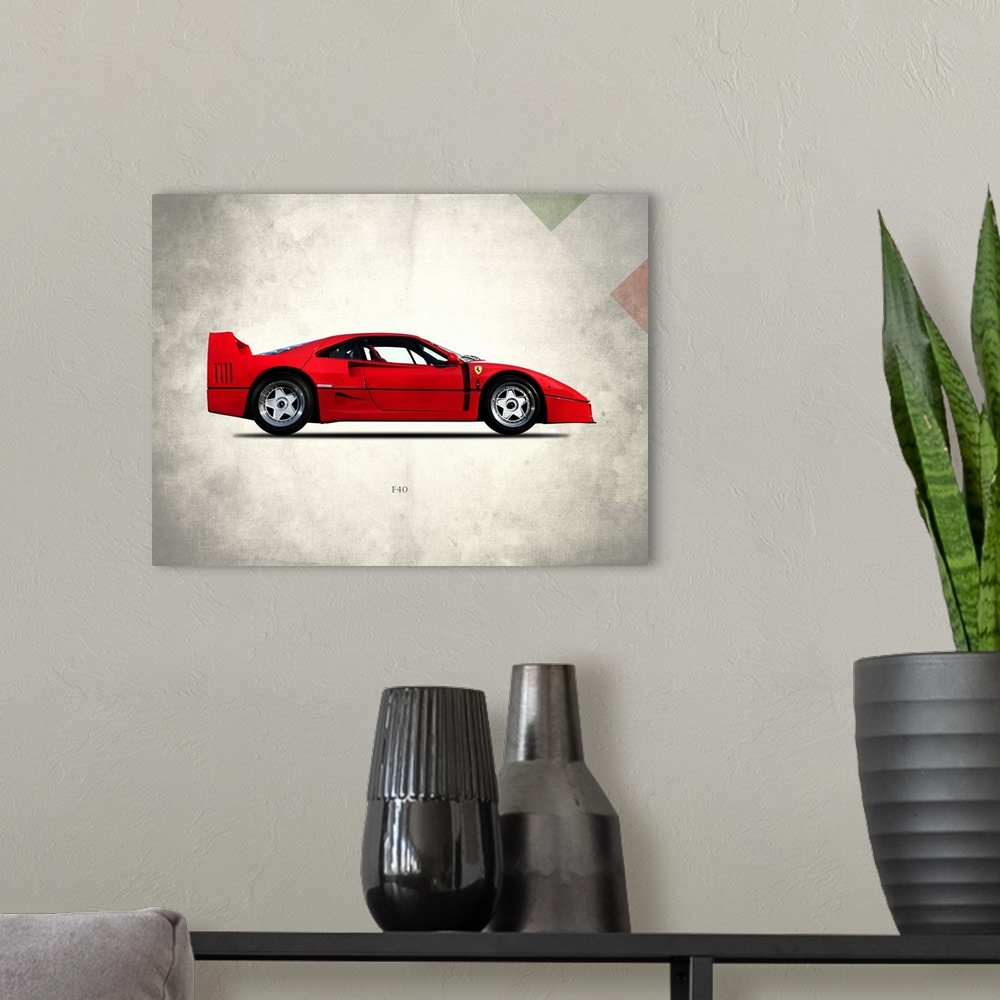 A modern room featuring Photograph of a red Ferrari F40 Berlinette 1992 printed on a distressed white and gray background...