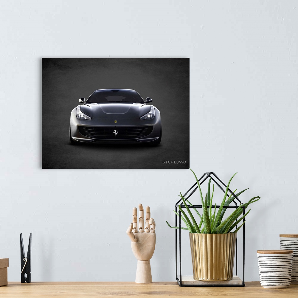 A bohemian room featuring Photograph of a black Ferrari GTC4 Lusso printed on a black background with a dark vignette.