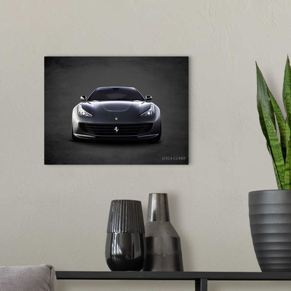 A modern room featuring Photograph of a black Ferrari GTC4 Lusso printed on a black background with a dark vignette.