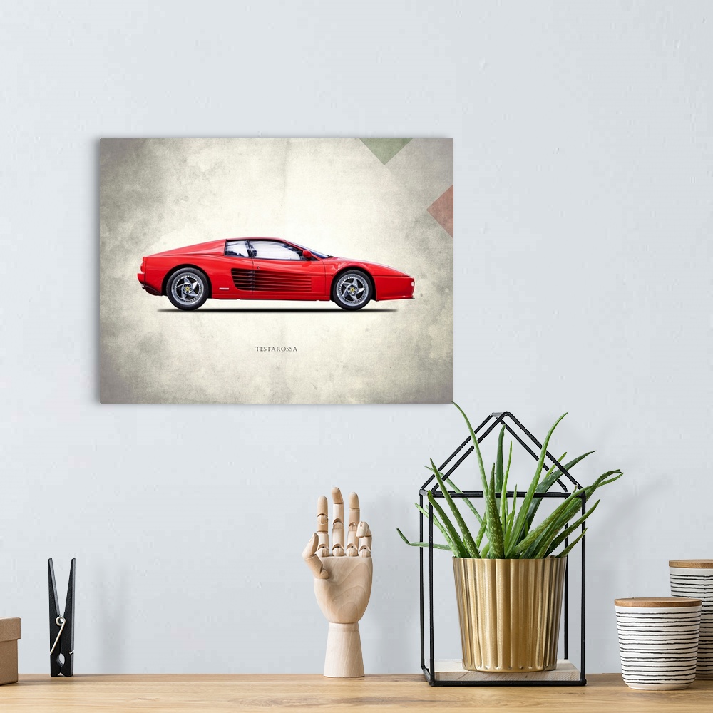 A bohemian room featuring Photograph of a red Ferrari Testarossa 1996 printed on a distressed white and gray background wit...