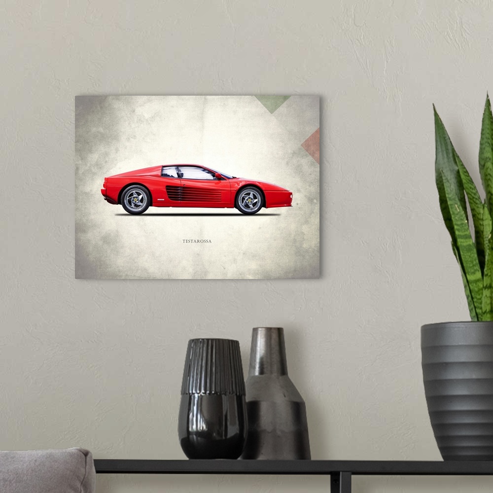 A modern room featuring Photograph of a red Ferrari Testarossa 1996 printed on a distressed white and gray background wit...