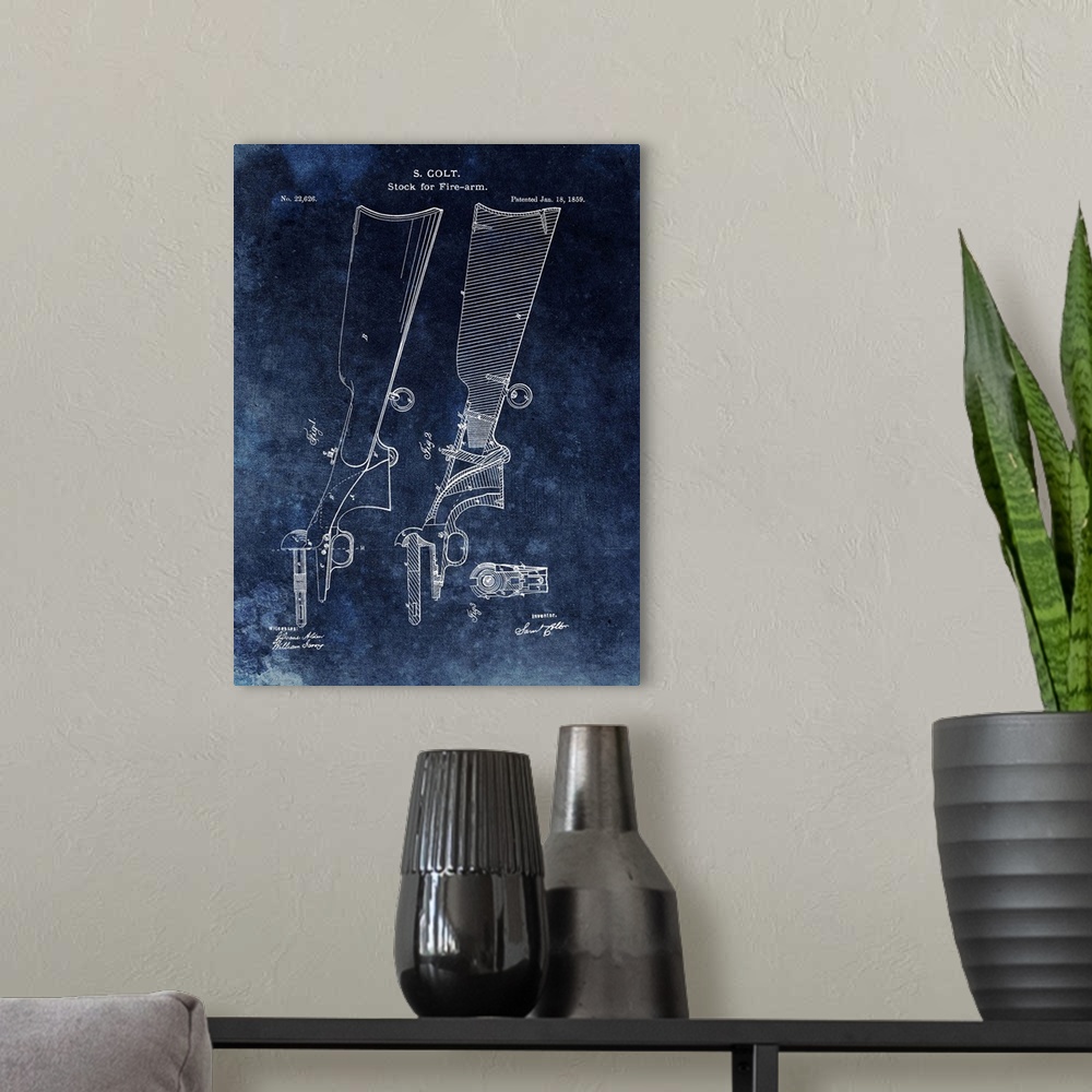 A modern room featuring Antique style blueprint diagram of a Firearm Stock printed on a blue background.