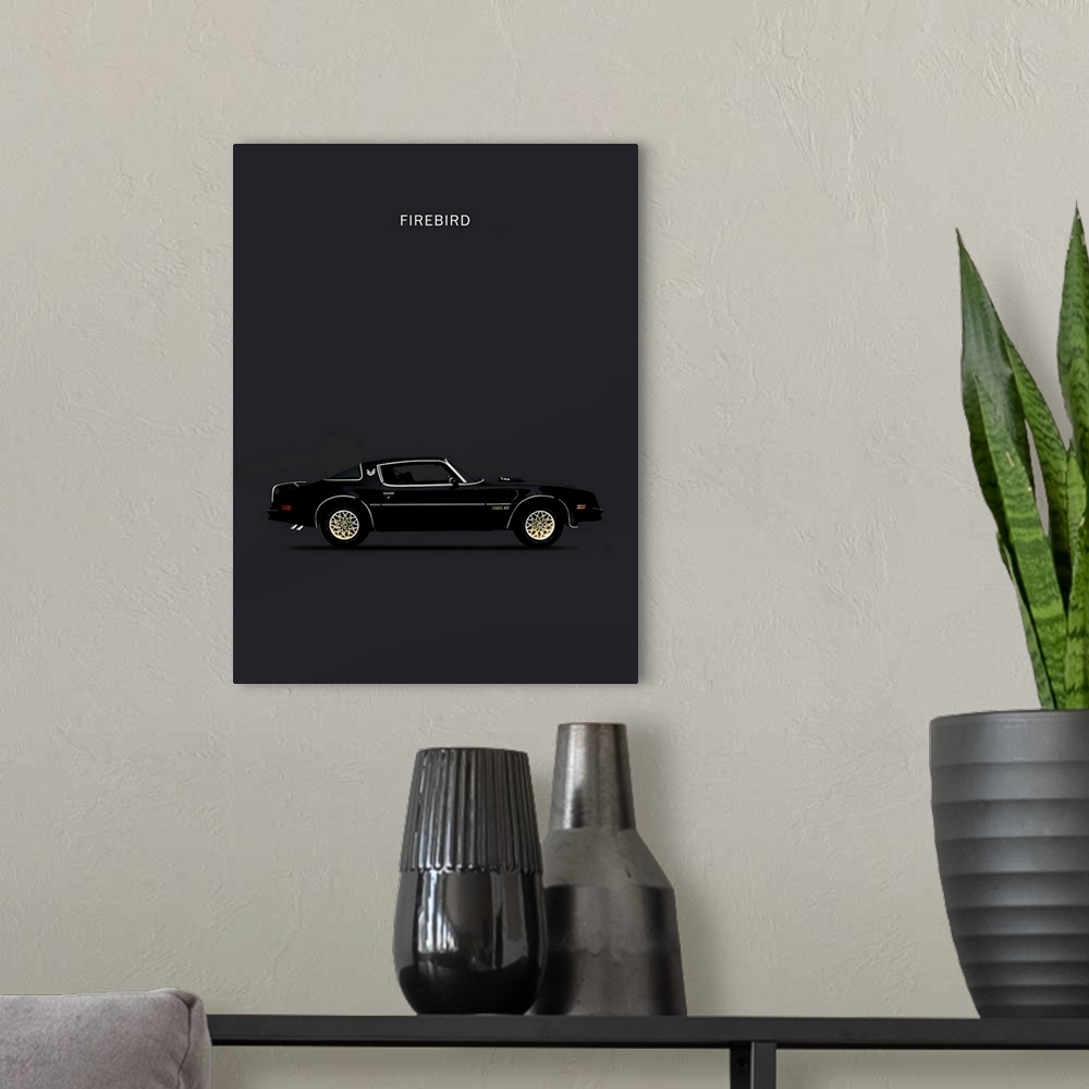 A modern room featuring Photograph of a black and gold Firebird 78 printed on a black background