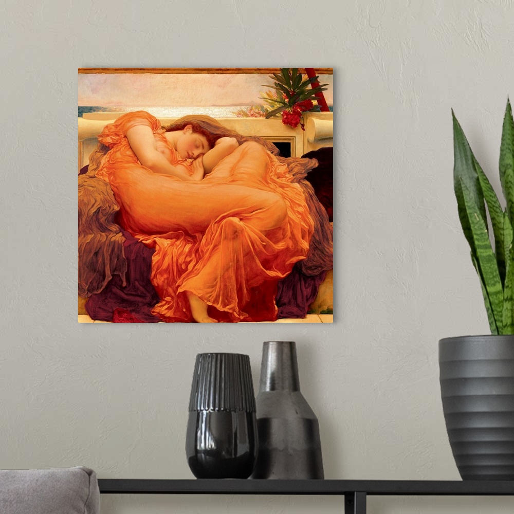 A modern room featuring Flaming June (1895) by Frederic Leighton.