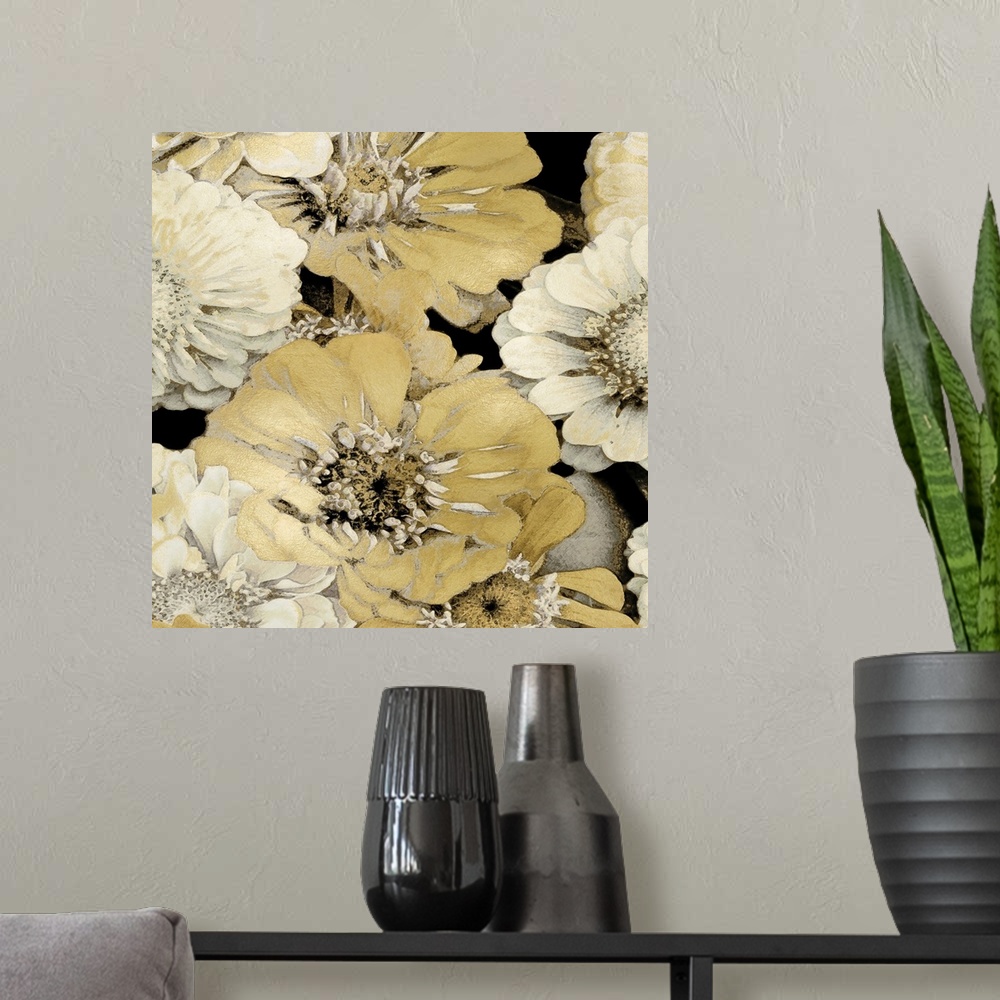 A modern room featuring Decorative artwork featuring soft flowers in shades of gold over a black background.