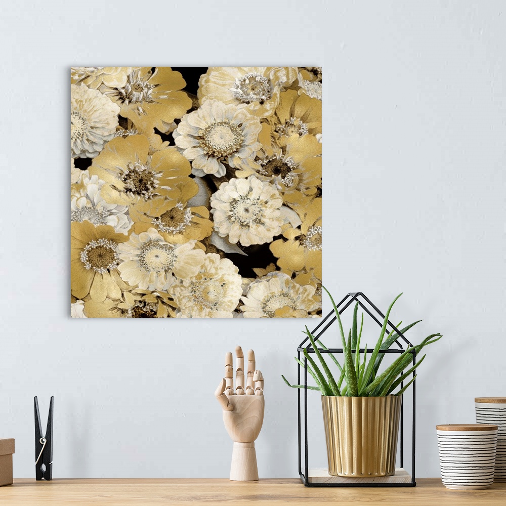 A bohemian room featuring Decorative artwork featuring soft flowers in shades of gold over a black background.