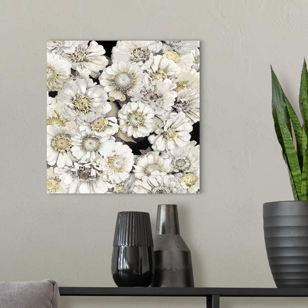 A modern room featuring Decorative artwork featuring soft white flowers over a black background.