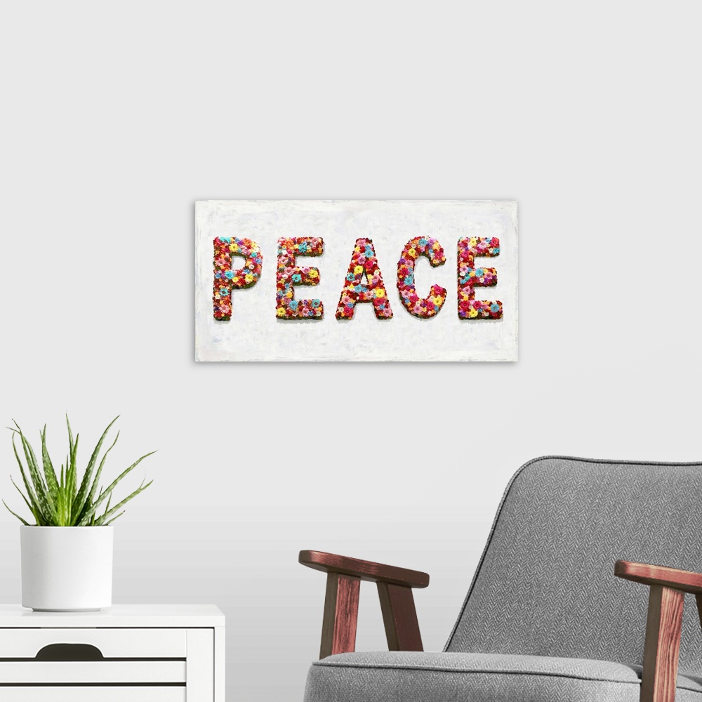 A modern room featuring The word peace is shaped by an assortment of colorful flowers.