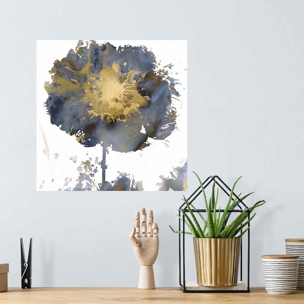 A bohemian room featuring Square decor with a single paint splattered flower in gold, silver, and blue hues.