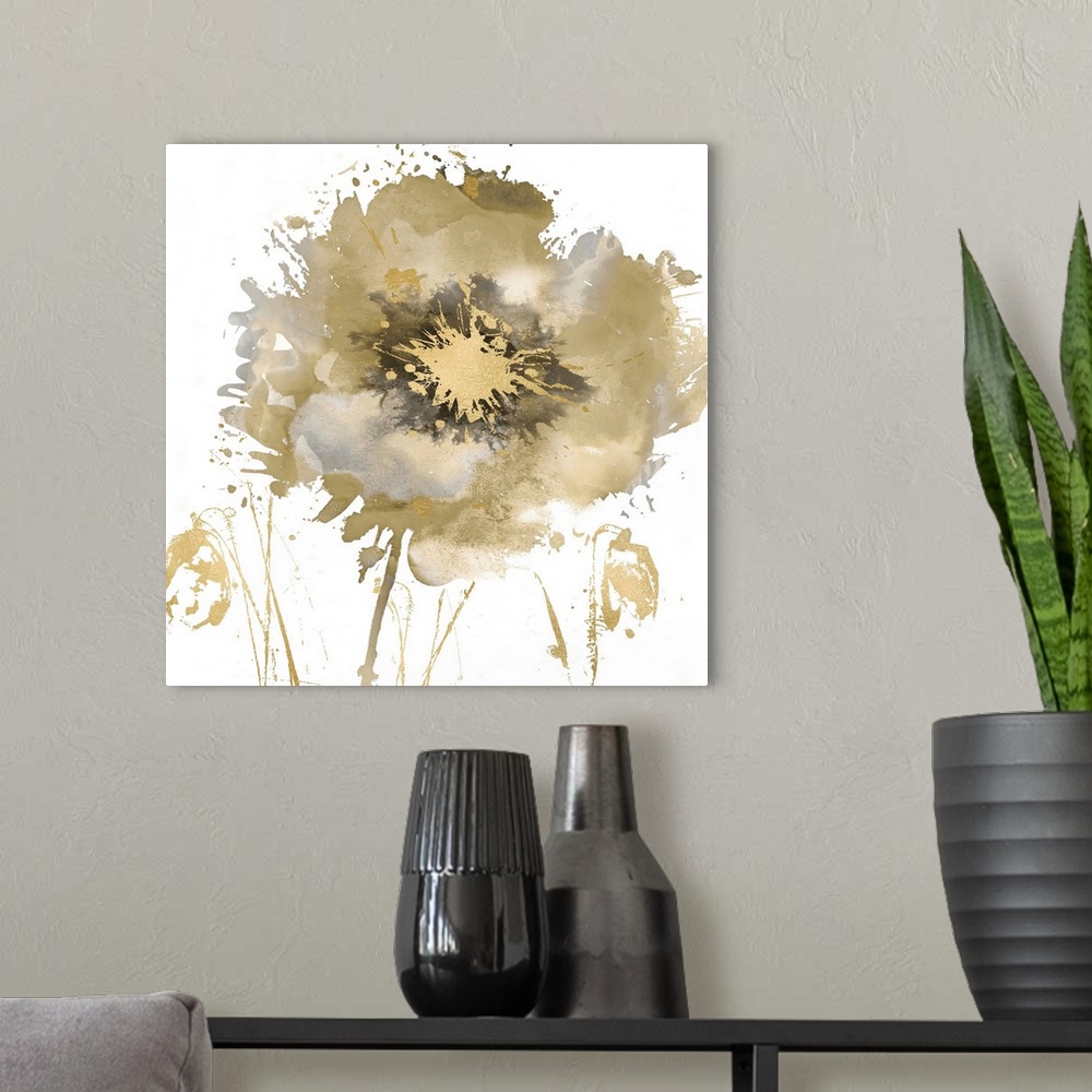 A modern room featuring Square decor with a single paint splattered flower in gold, silver, and black hues.