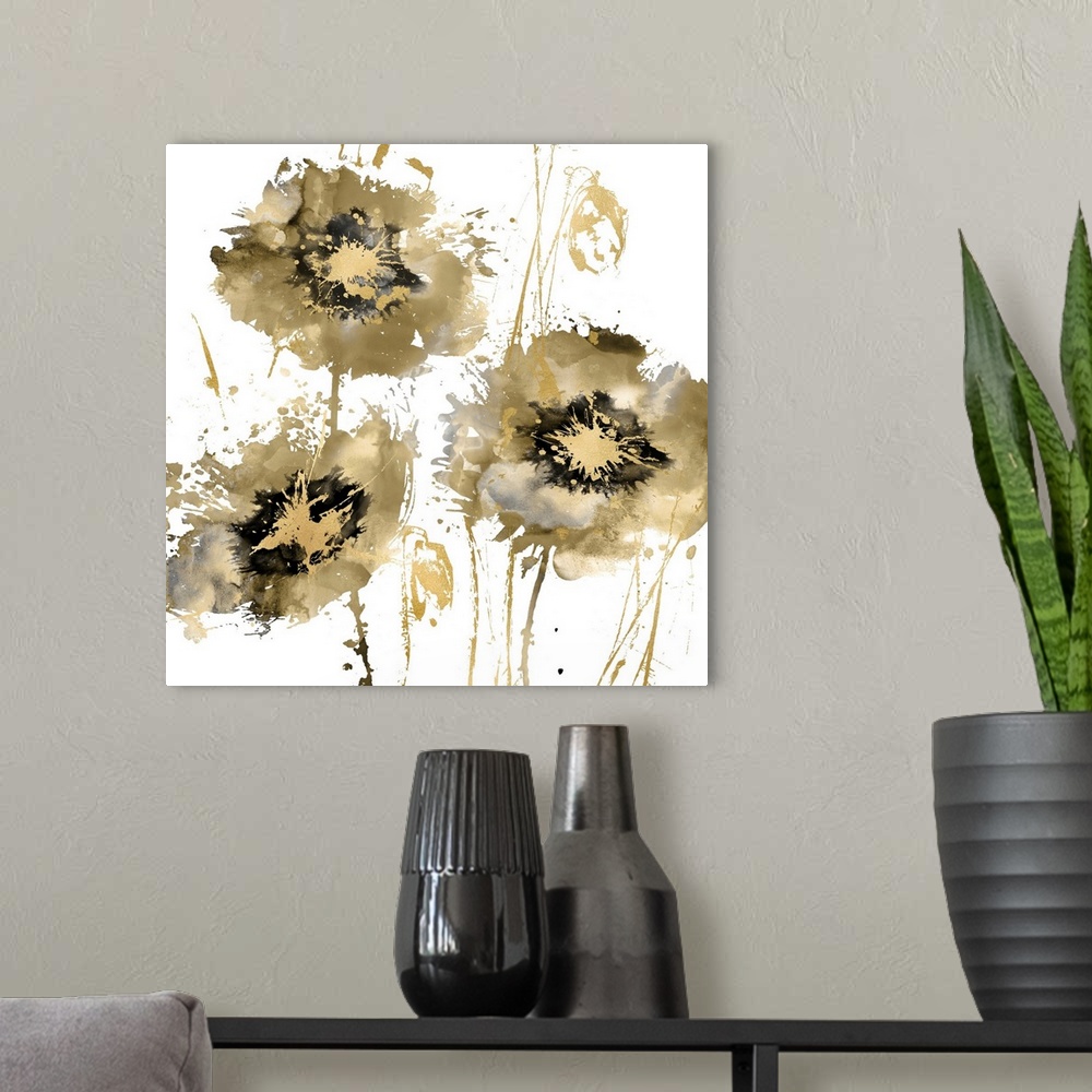 A modern room featuring Square decor with three paint splattered flowers in gold, silver, and black hues.
