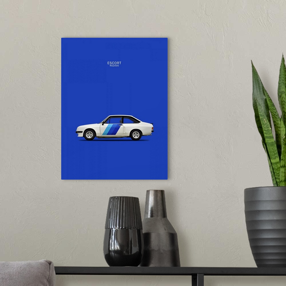 A modern room featuring Photograph of a white Ford Escort RS2000 1978 with stripes in three shades of blue printed on a b...