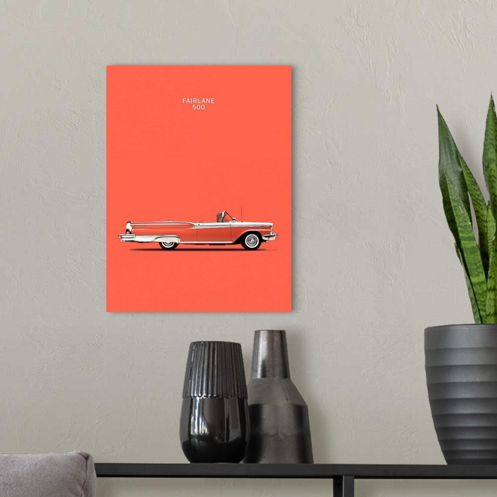 A modern room featuring Photograph of a coral pink Ford Fairlane 500 1959 printed on a coral background