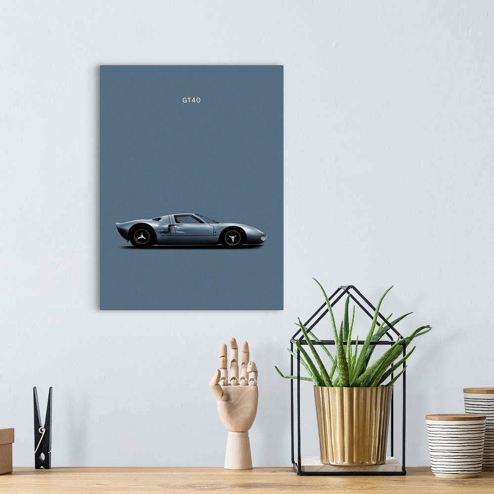 A bohemian room featuring Photograph of a gray Ford GT40 printed on a gray background