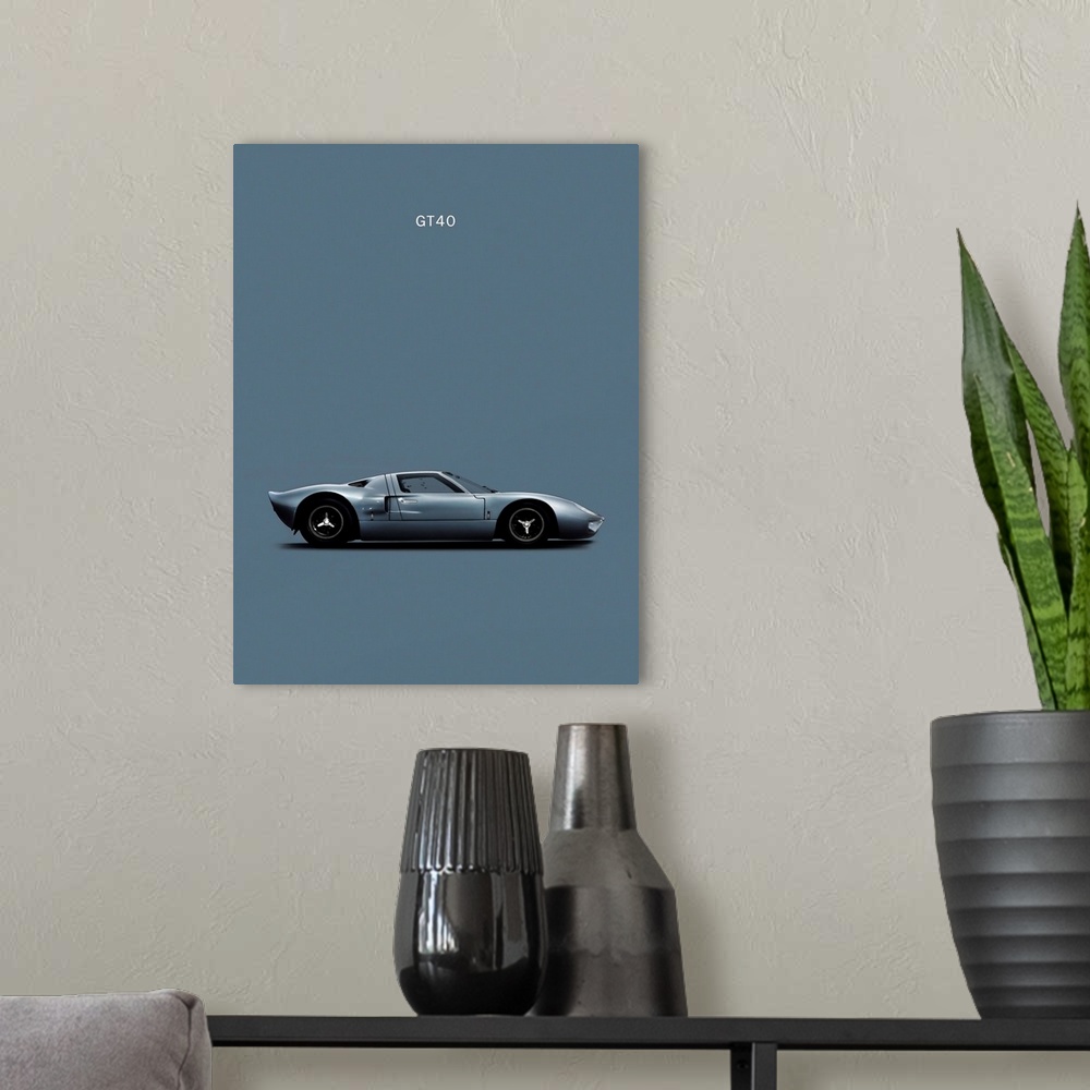 A modern room featuring Photograph of a gray Ford GT40 printed on a gray background