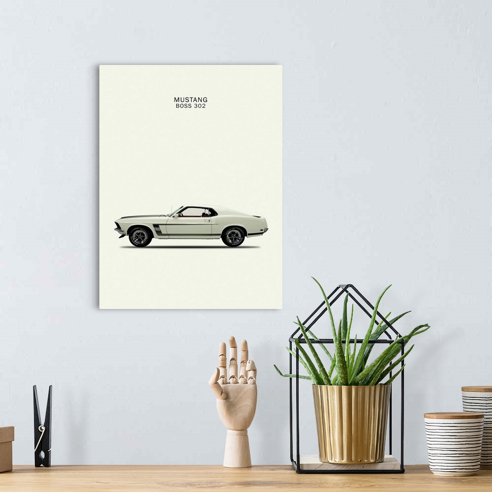 A bohemian room featuring Photograph of a white Ford Mustang Boss302 1969 printed on a white background