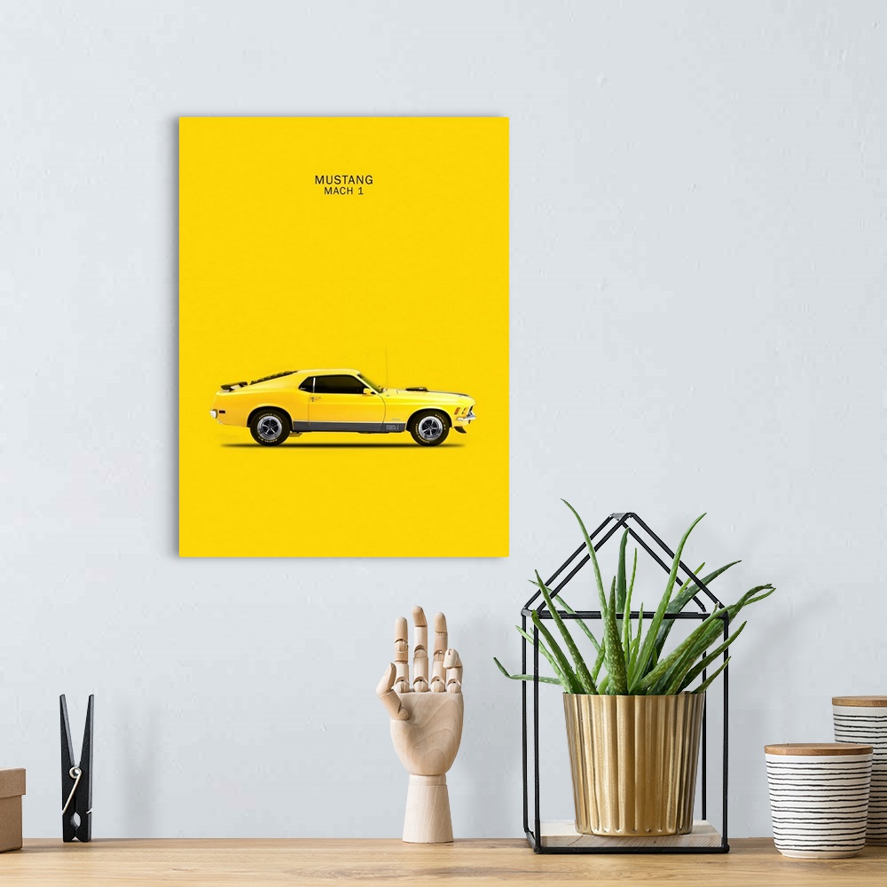 A bohemian room featuring Photograph of a yellow Ford Mustang Mach1 1970 printed on a yellow background