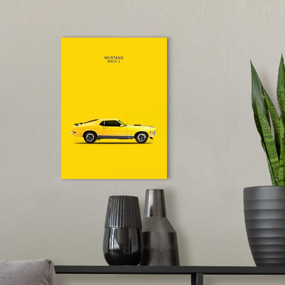 A modern room featuring Photograph of a yellow Ford Mustang Mach1 1970 printed on a yellow background