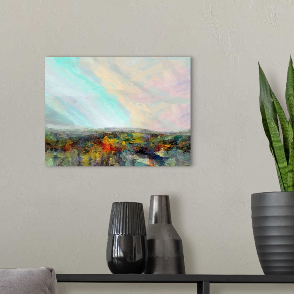 A modern room featuring Abstract artwork with a colorful hilly landscape and a pastel sky.
