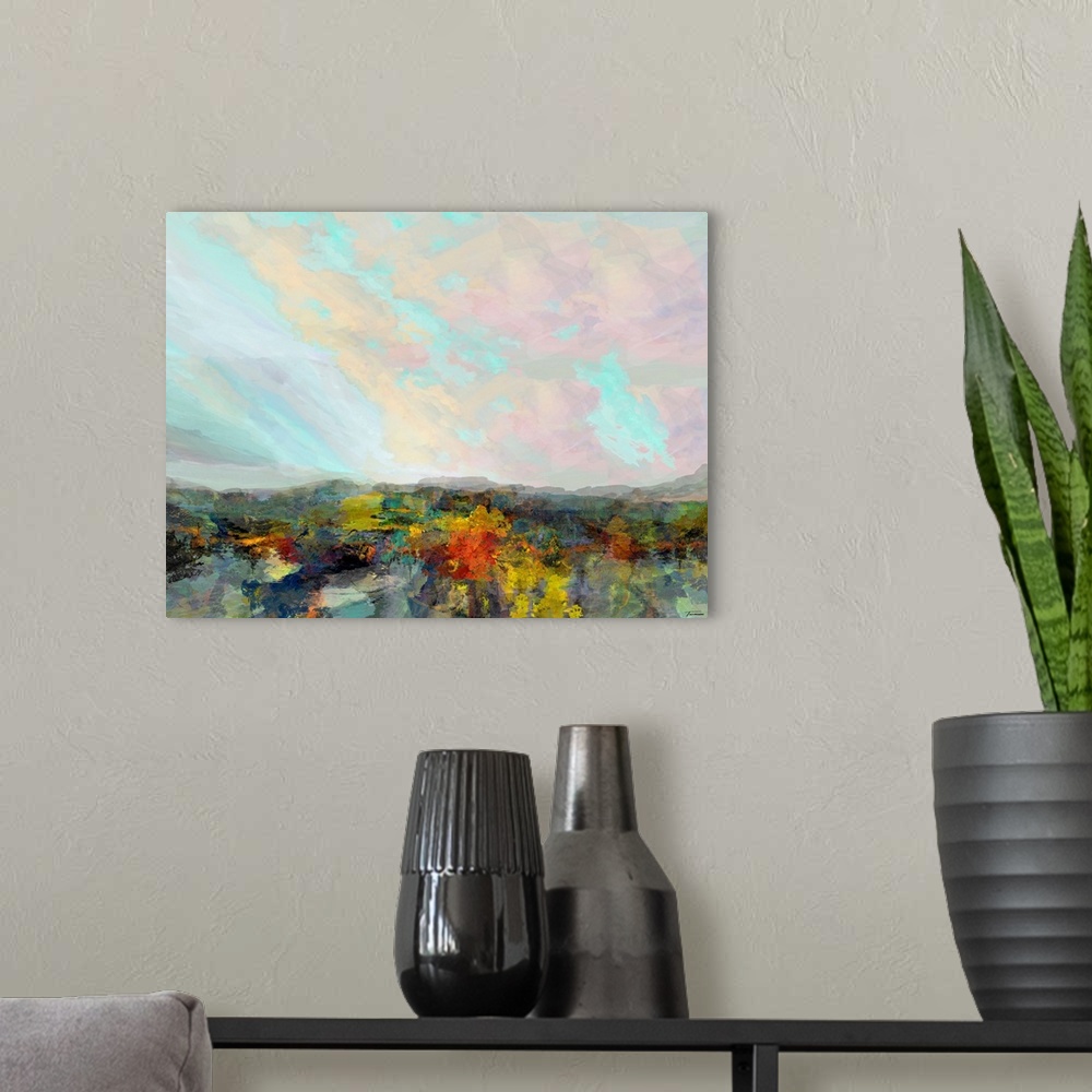 A modern room featuring Abstract artwork with a colorful hilly landscape and a pastel sky.