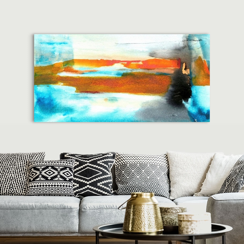 A bohemian room featuring Wide abstract painting with bright blue, yellow, and orange hues and spots of contrasting black.