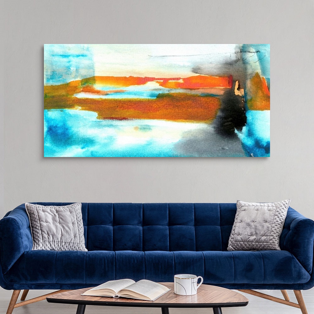 A modern room featuring Wide abstract painting with bright blue, yellow, and orange hues and spots of contrasting black.