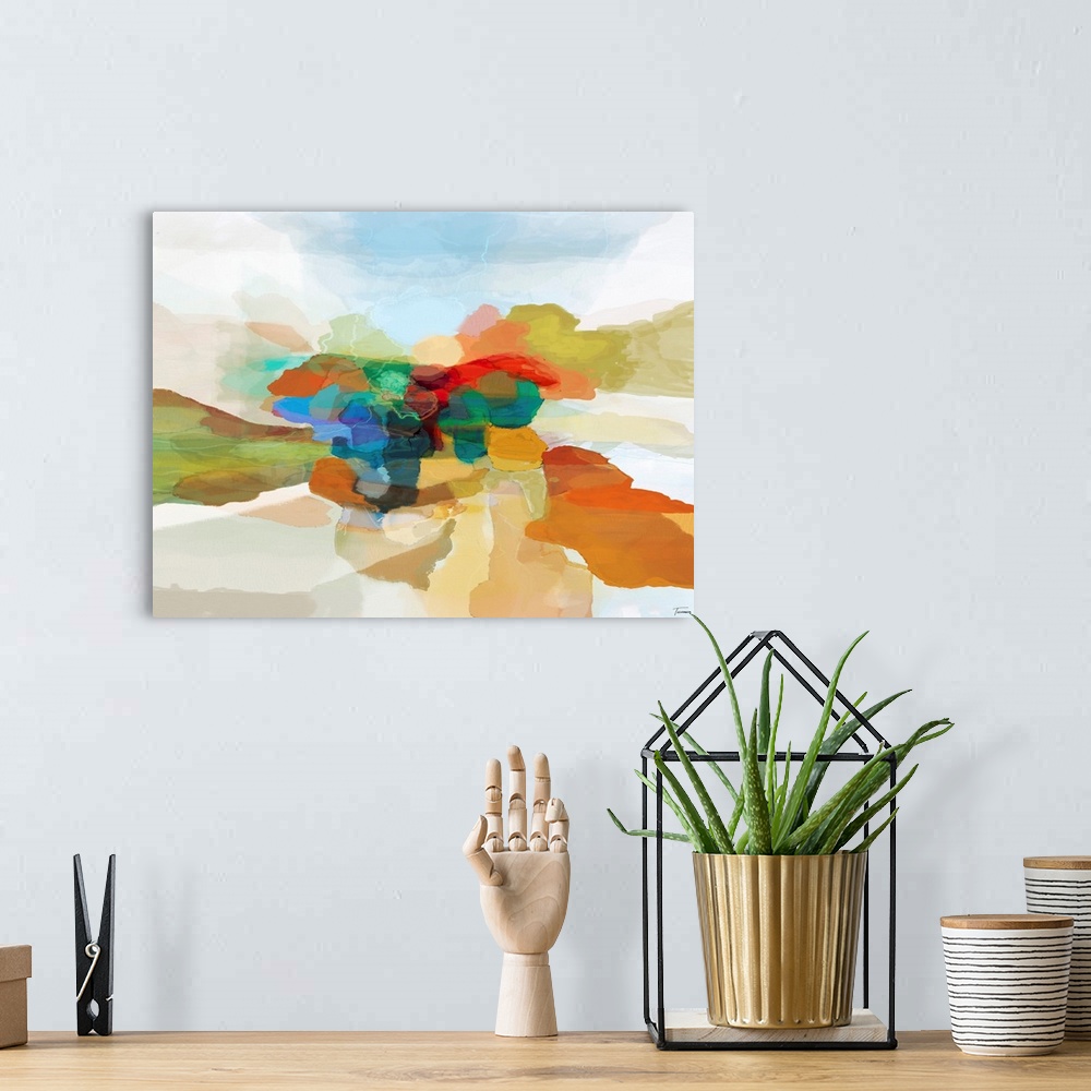 A bohemian room featuring Abstract art in red, blue, green, yellow, orange, white, and brown hues.