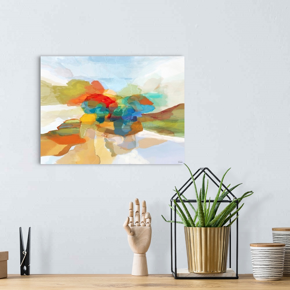 A bohemian room featuring Abstract art in red, blue, green, yellow, orange, white, and brown hues.