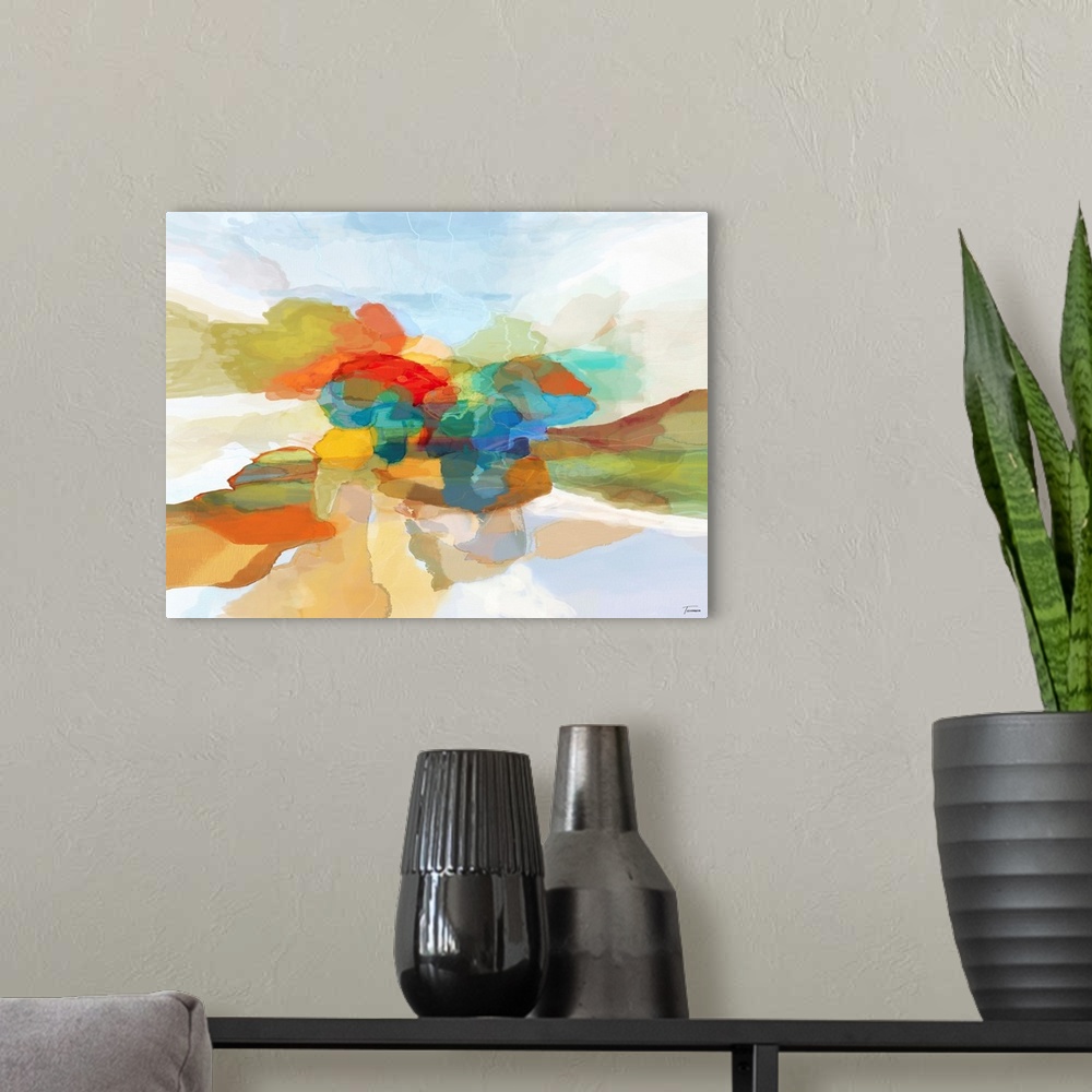 A modern room featuring Abstract art in red, blue, green, yellow, orange, white, and brown hues.
