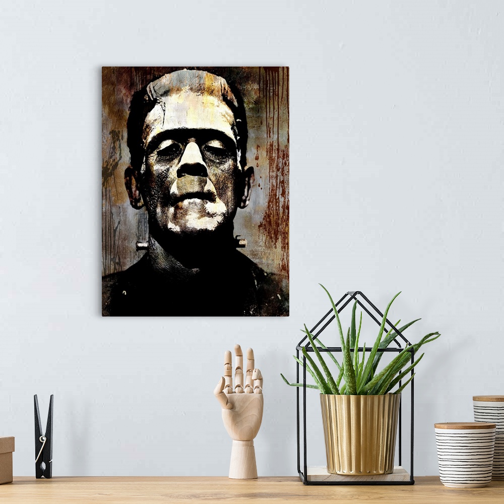 A bohemian room featuring Portrait of Frankenstein in black, gold, gray, and brown hues.