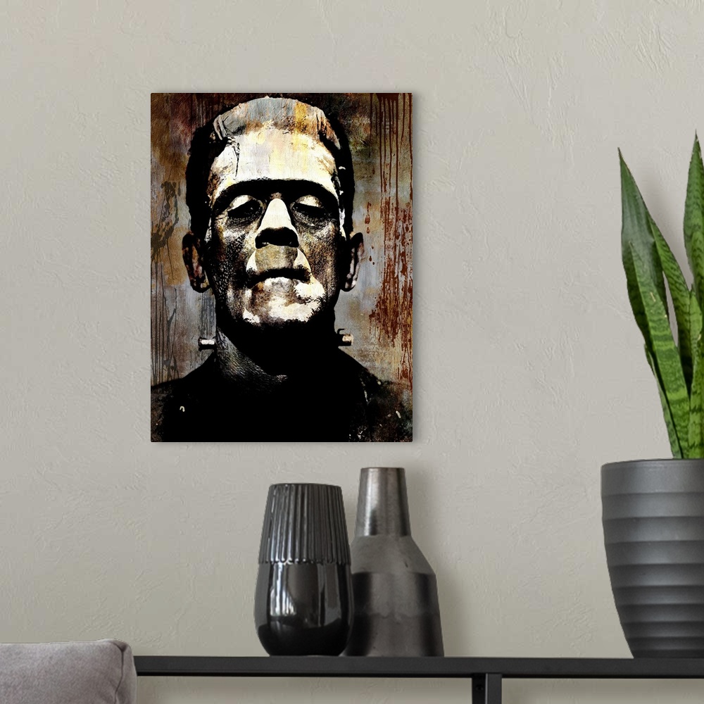 A modern room featuring Portrait of Frankenstein in black, gold, gray, and brown hues.