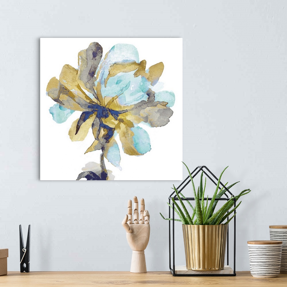 A bohemian room featuring This contemporary artwork features a single golden bloom with aqua petals over a white background.