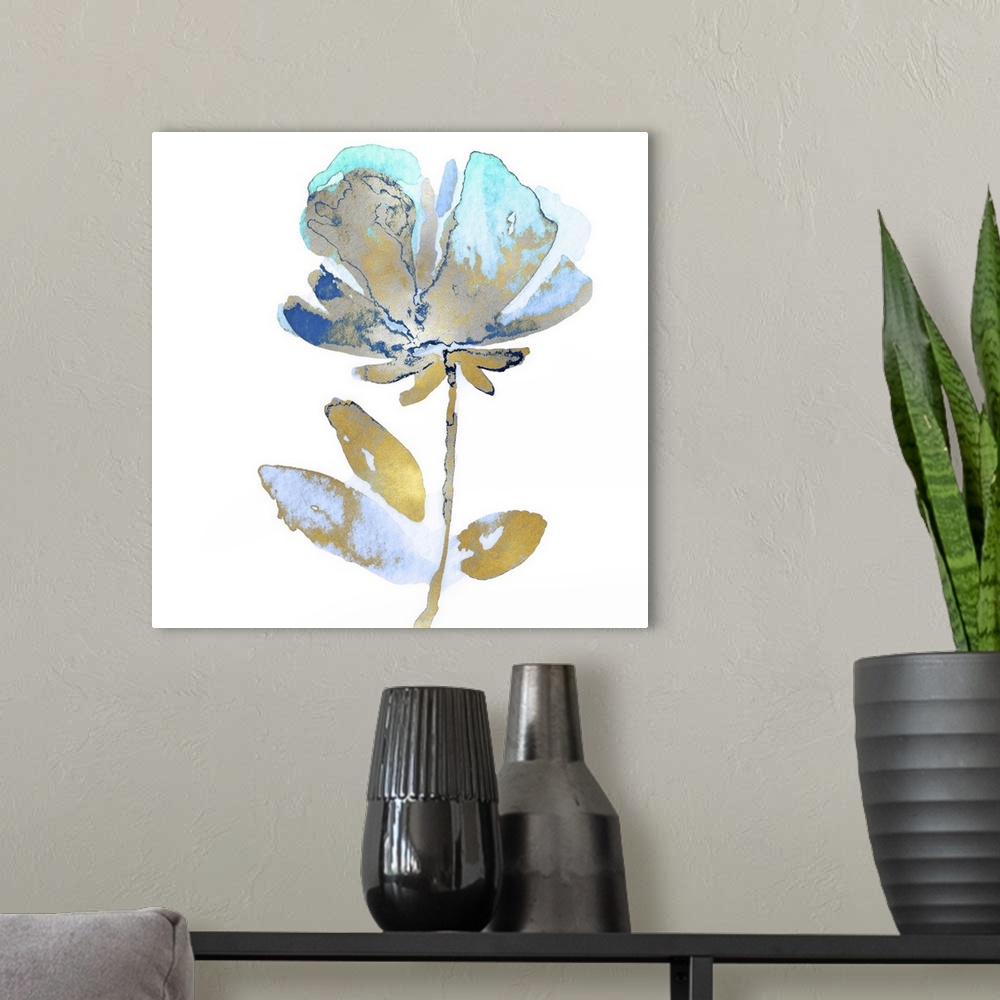 A modern room featuring This contemporary artwork features a single golden bloom with aqua petals over a white background.