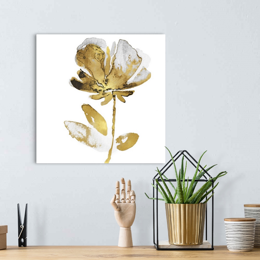 A bohemian room featuring This contemporary artwork features a single golden bloom with gray petals over a white background.