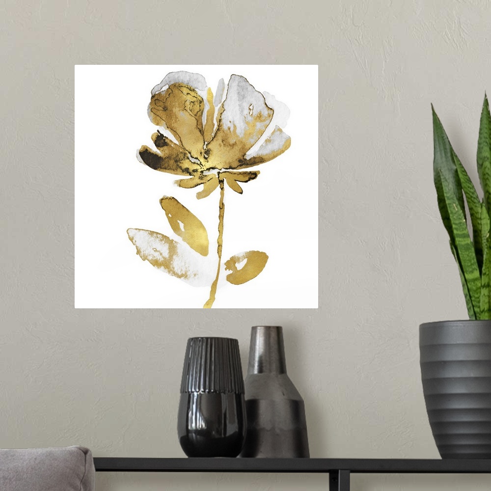 A modern room featuring This contemporary artwork features a single golden bloom with gray petals over a white background.