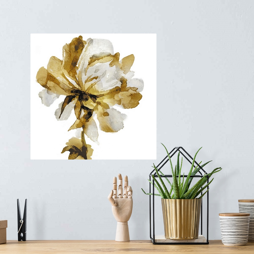 A bohemian room featuring This contemporary artwork features a single golden bloom with gray petals over a white background.
