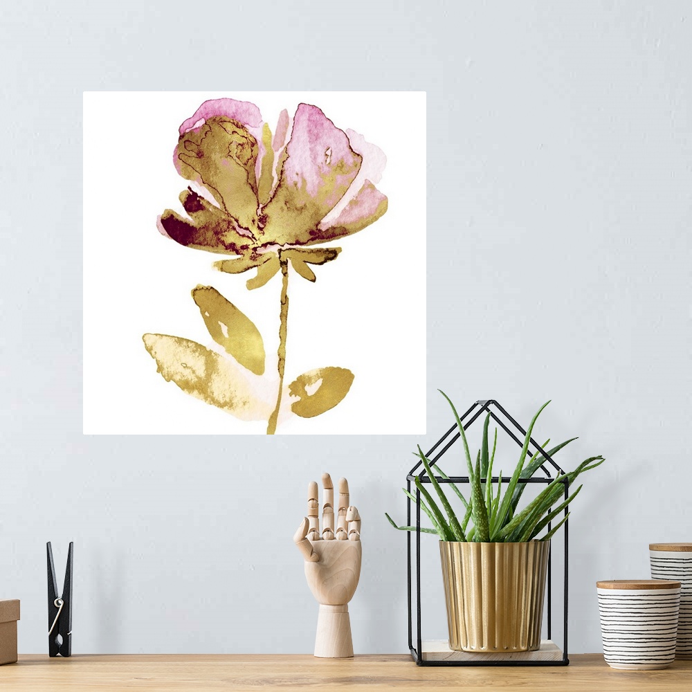 A bohemian room featuring This contemporary artwork features a single golden bloom with pink petals over a white background.
