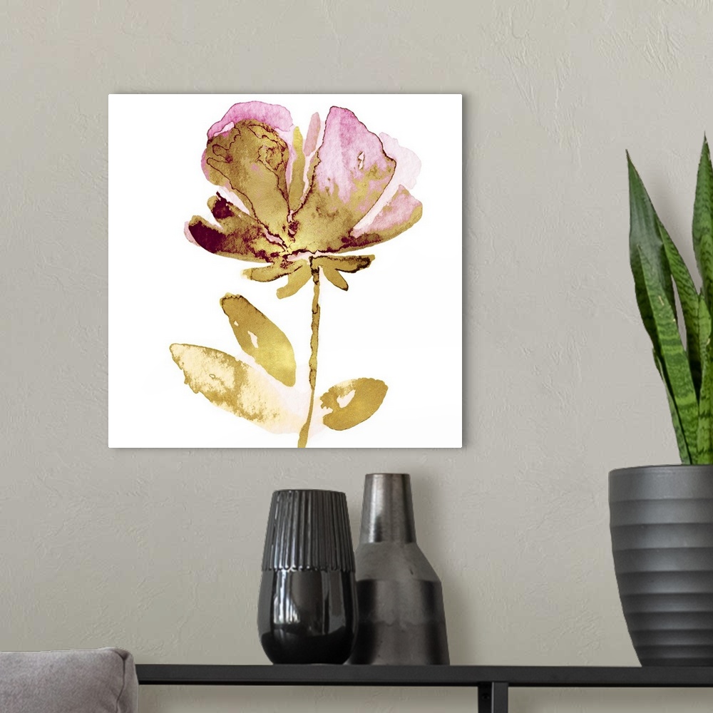 A modern room featuring This contemporary artwork features a single golden bloom with pink petals over a white background.