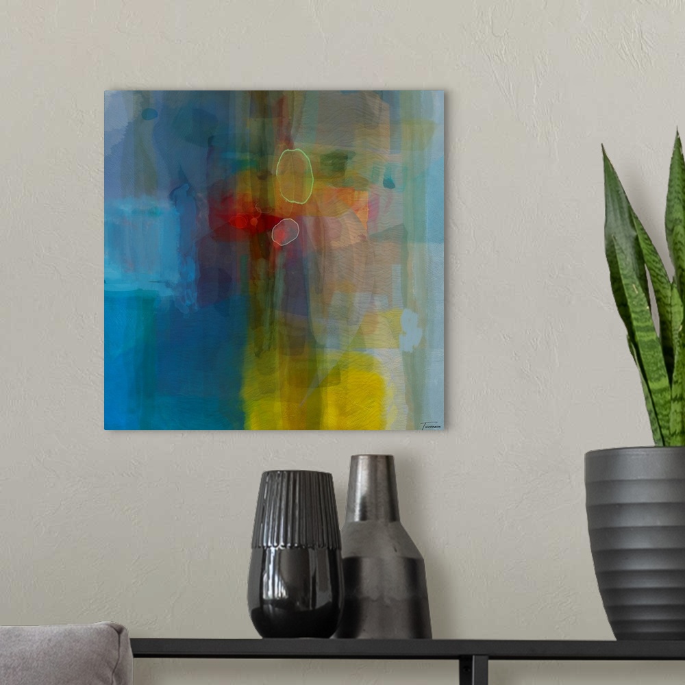 A modern room featuring Square abstract art in blue, red, yellow, purple, and green hues.