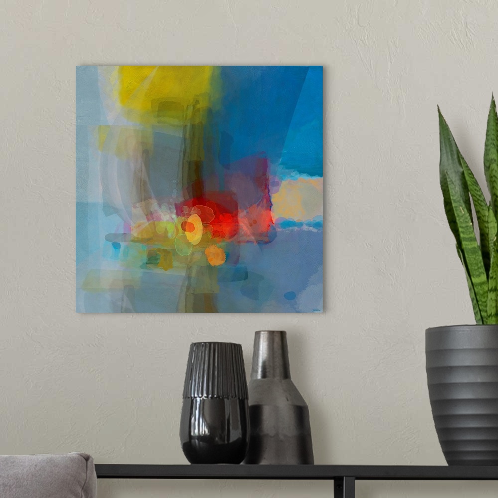 A modern room featuring Square abstract artwork with layered translucent hues. Square and rectangular shapes on the outsi...
