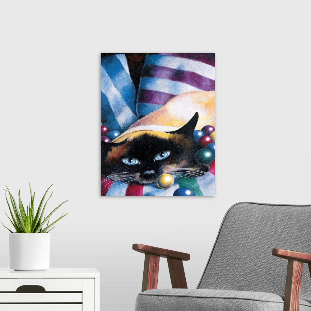 A modern room featuring Painting of a cat with a blanket draped over its body and part of its head with colorful balls su...