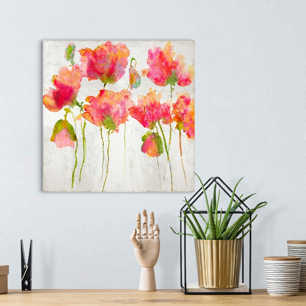 A bohemian room featuring Pink watercolor poppies against a distressed white background.