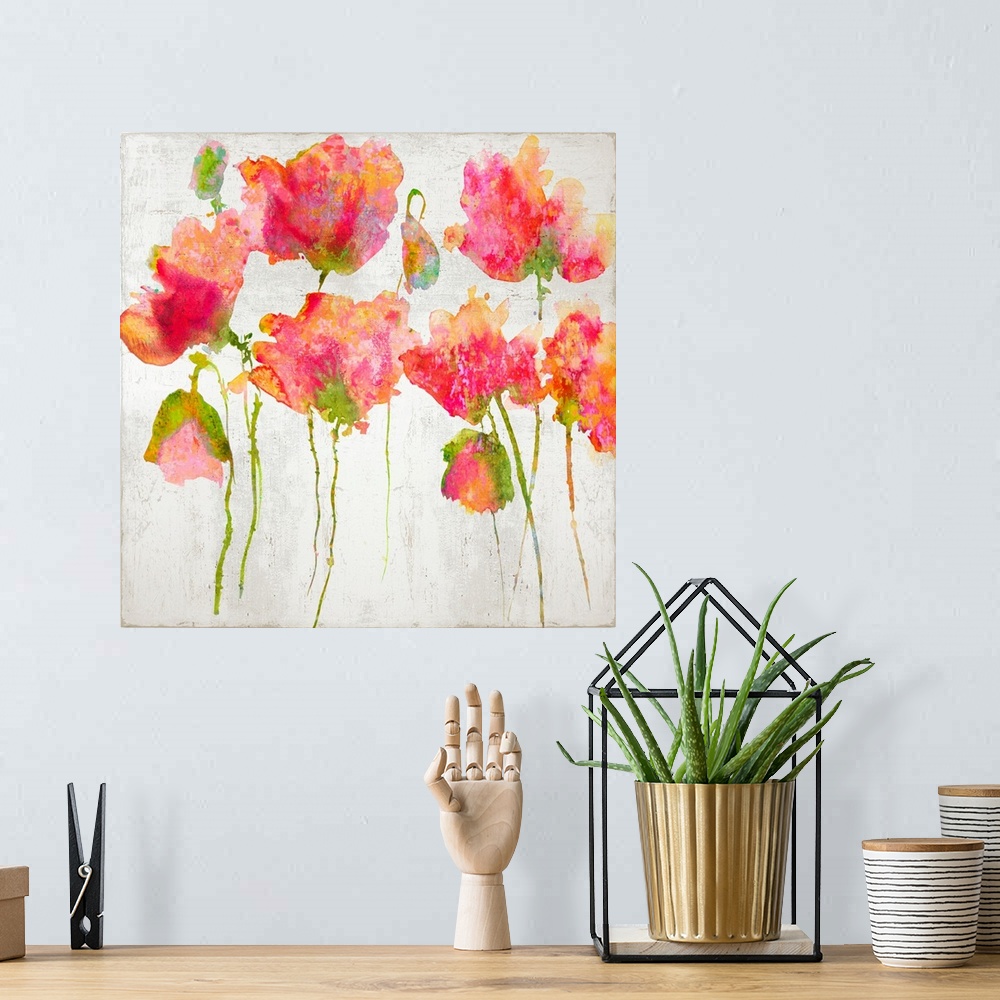 A bohemian room featuring Pink watercolor poppies against a distressed white background.