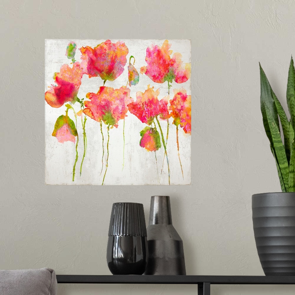 A modern room featuring Pink watercolor poppies against a distressed white background.